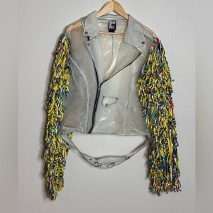 Her Universe Clear PVC Moto Jacket with Yellow Multicolor Fringe Sleeves